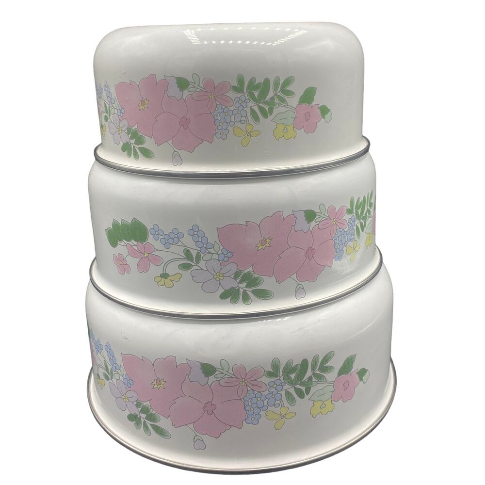 set of 3 Vintage Kobe Kitchen Pink Flower Enamelware Nesting Bowls